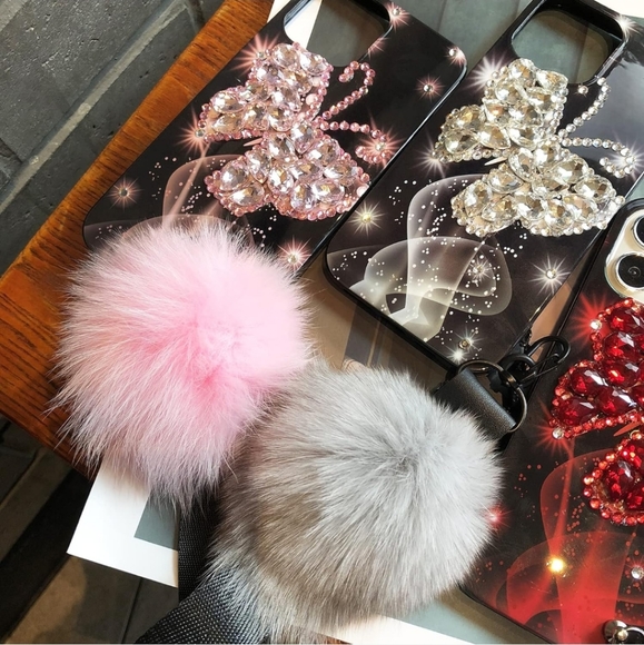 iPhone 13 ProMax Girly 3D Rhinestone Bling Butterfly & Fuzzy Ball Phone Case - Picture 2 of 6